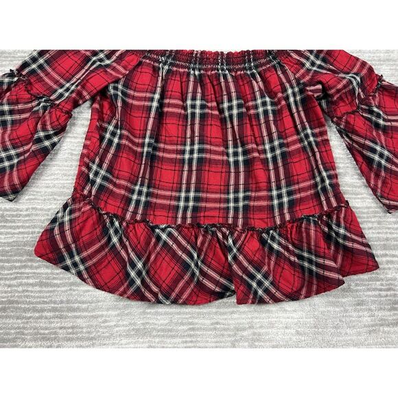 C‎ Label Top Womens Large Red Plaid Off Shoulder 3/4 Sleeve Bohemian Casual - Picture 9 of 12